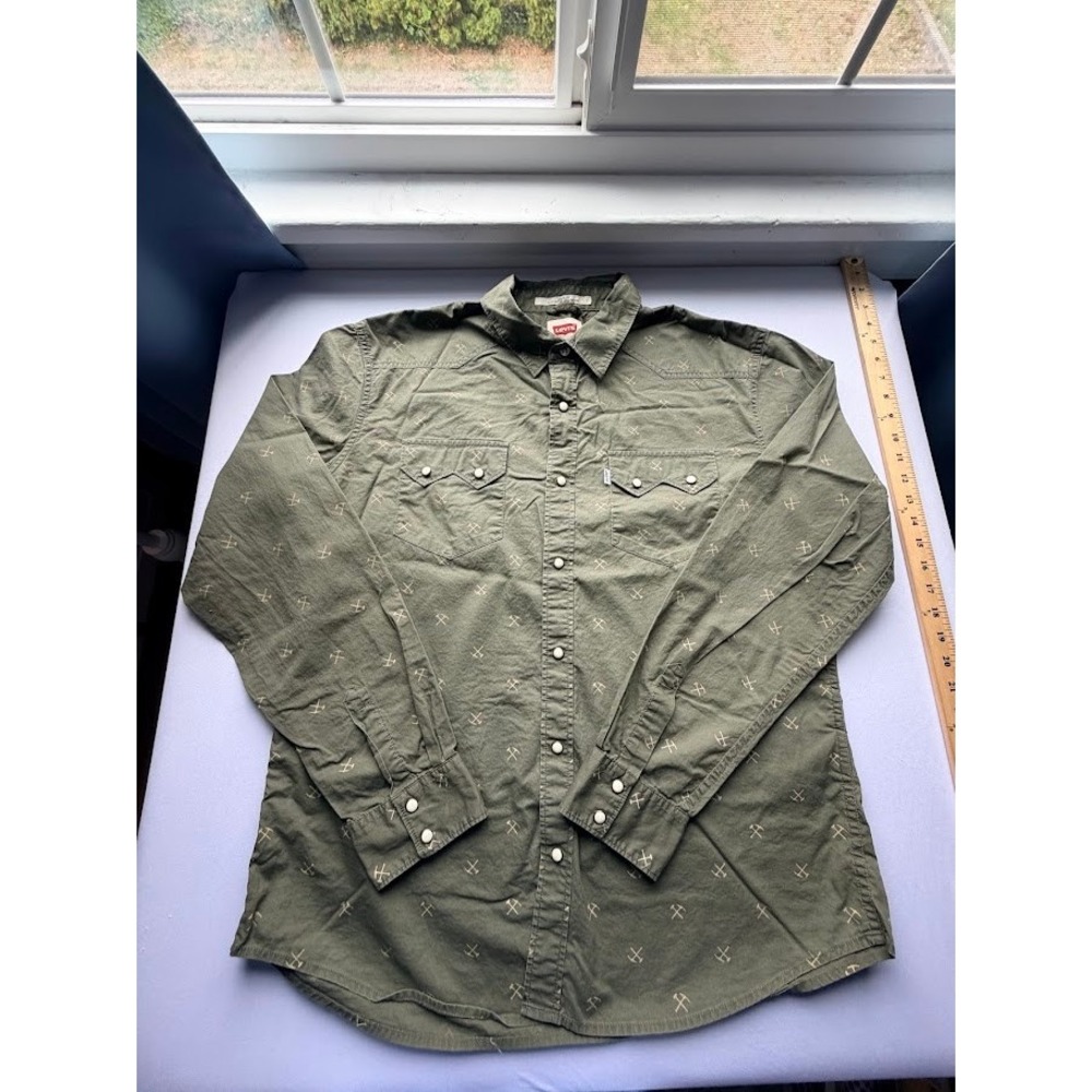 Men's Levis Modern Fit Western Snap Shirt Olive Green Pickaxe Print - XL
